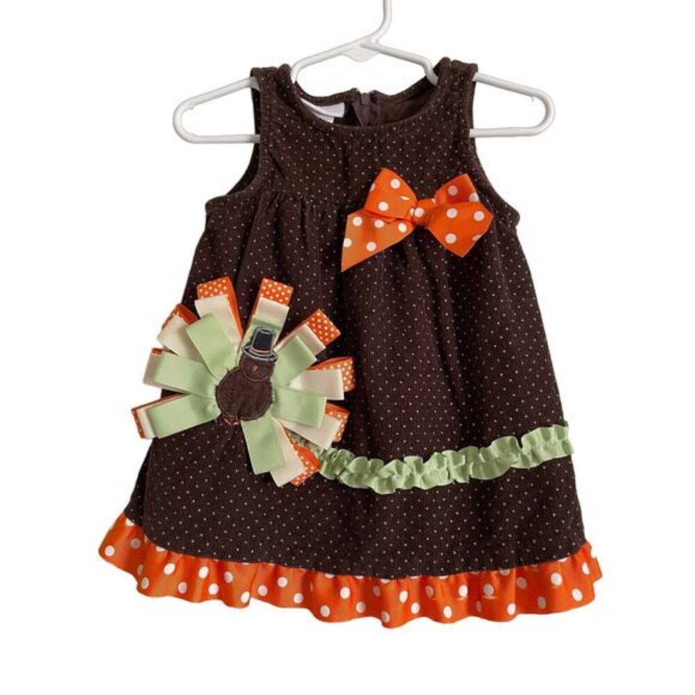 Bonnie Baby brown corduroy, Thanksgiving turkey, jumper dress. Size 12months.